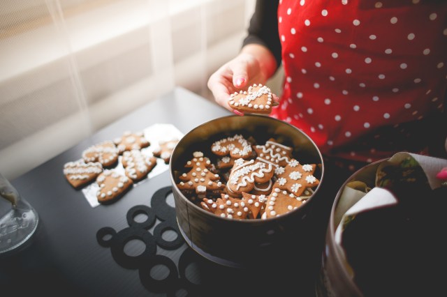 Woman Holding Christmas Cookies in a Cookie Tin